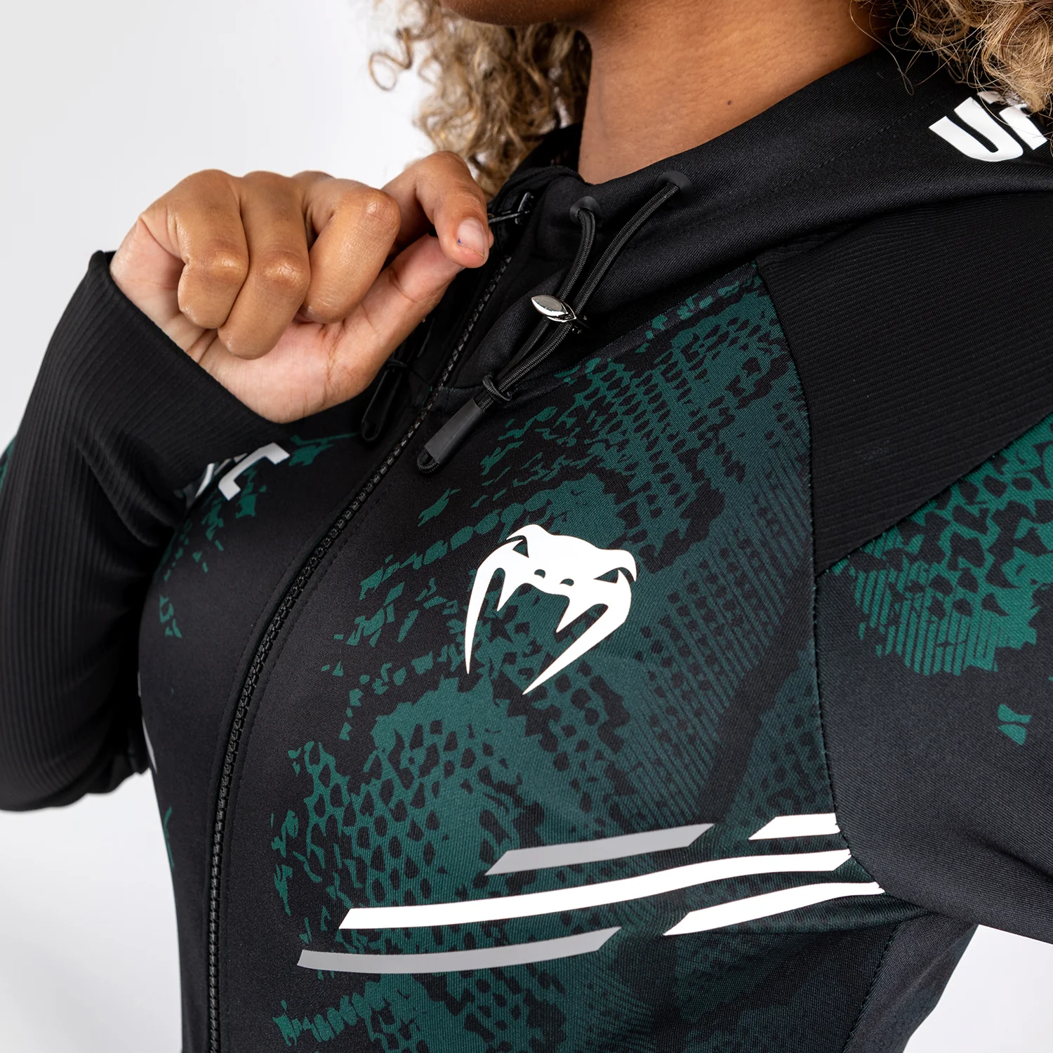 UFC Adrenaline by Venum  Personalized Authentic Fight Night Women’s Walkout Hoodie - Emerald Edition - Green/Black - Image 7