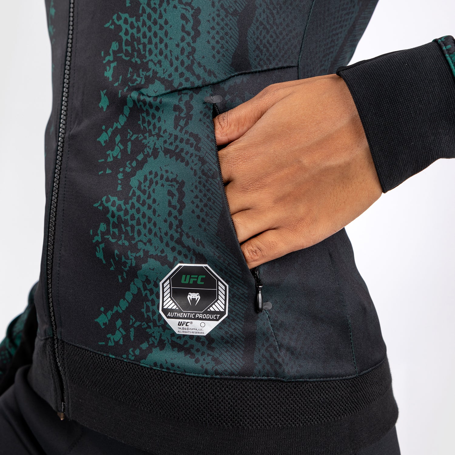 UFC Adrenaline by Venum  Personalized Authentic Fight Night Women’s Walkout Hoodie - Emerald Edition - Green/Black - Image 8