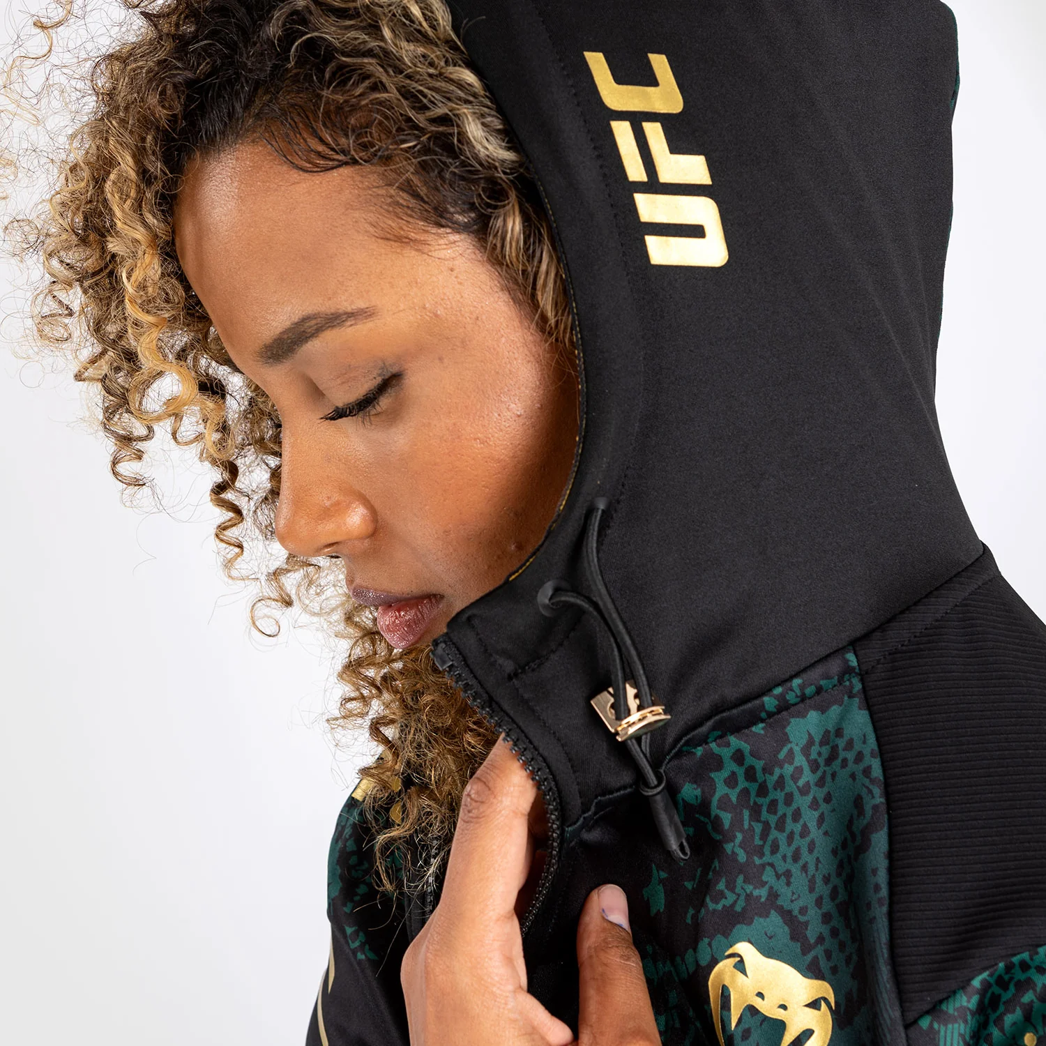 UFC Adrenaline by Venum Personalized Authentic Fight Night Women’s Walkout Hoodie  - Emerald Edition - Green/Black/Gold - Image 4