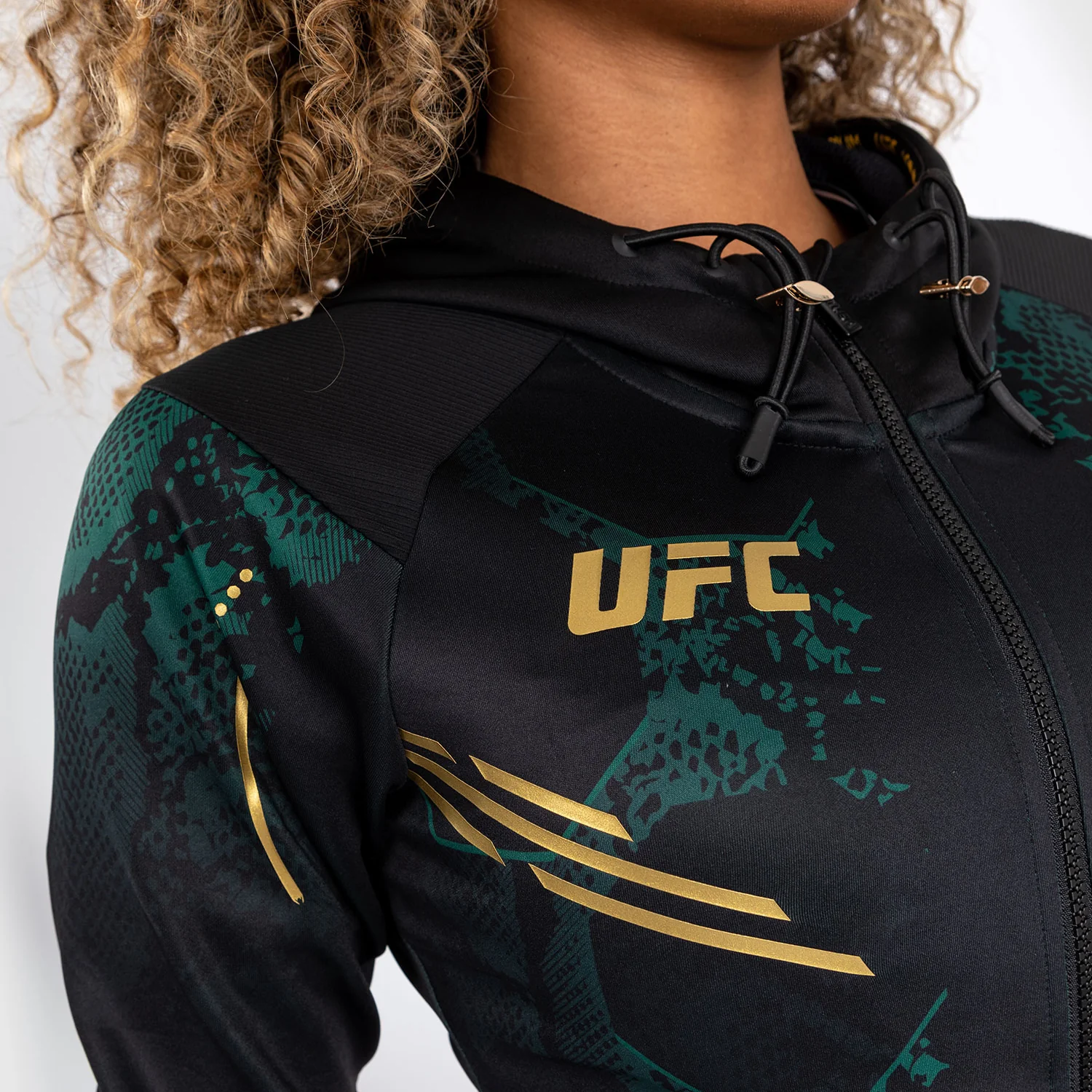 UFC Adrenaline by Venum Personalized Authentic Fight Night Women’s Walkout Hoodie  - Emerald Edition - Green/Black/Gold - Image 6