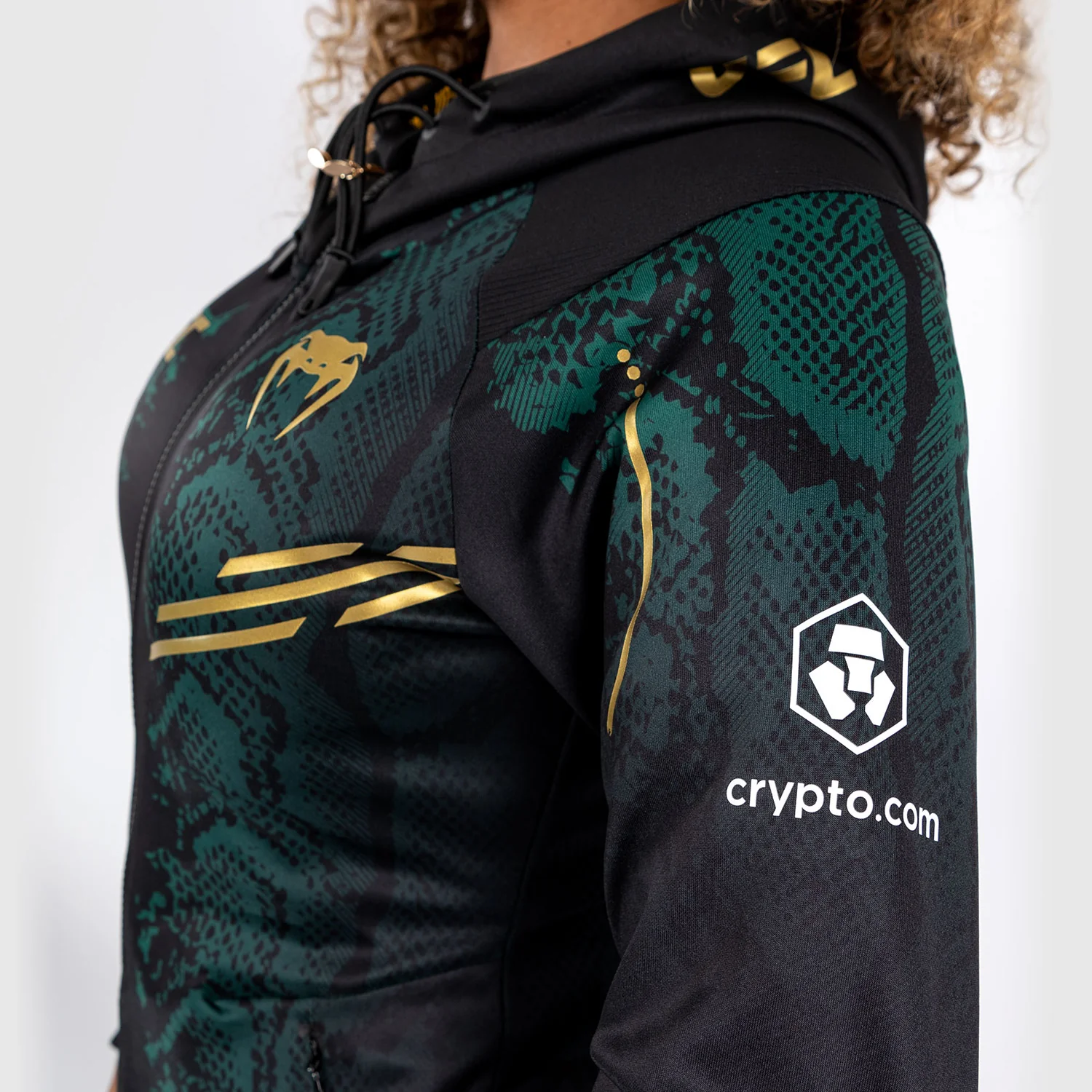 UFC Adrenaline by Venum Personalized Authentic Fight Night Women’s Walkout Hoodie  - Emerald Edition - Green/Black/Gold - Image 7