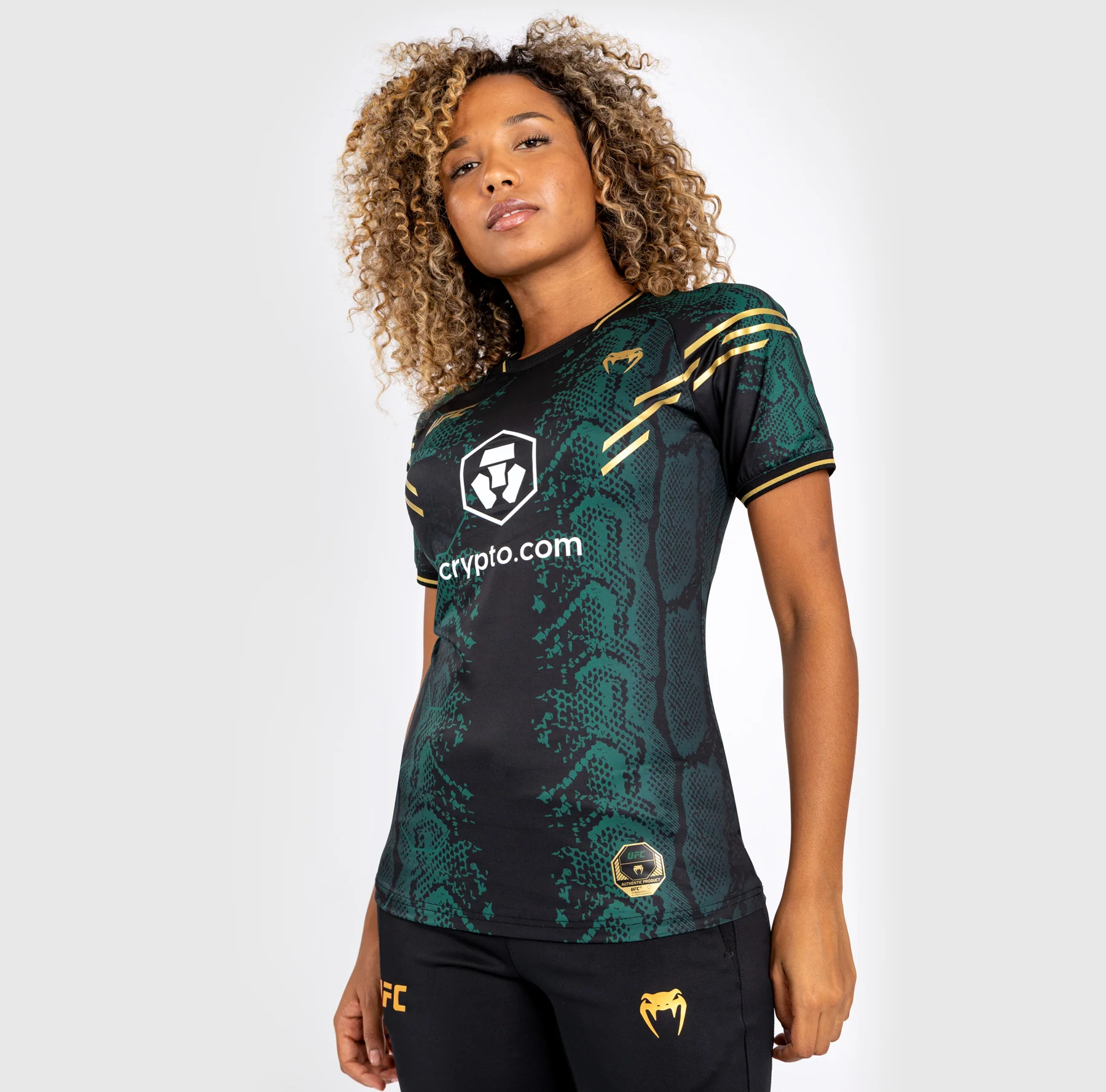 UFC Adrenaline by Venum Personalized Authentic Fight Night Women’s Walkout Jersey Green/Black/Gold - Emerald Edition - Image 3