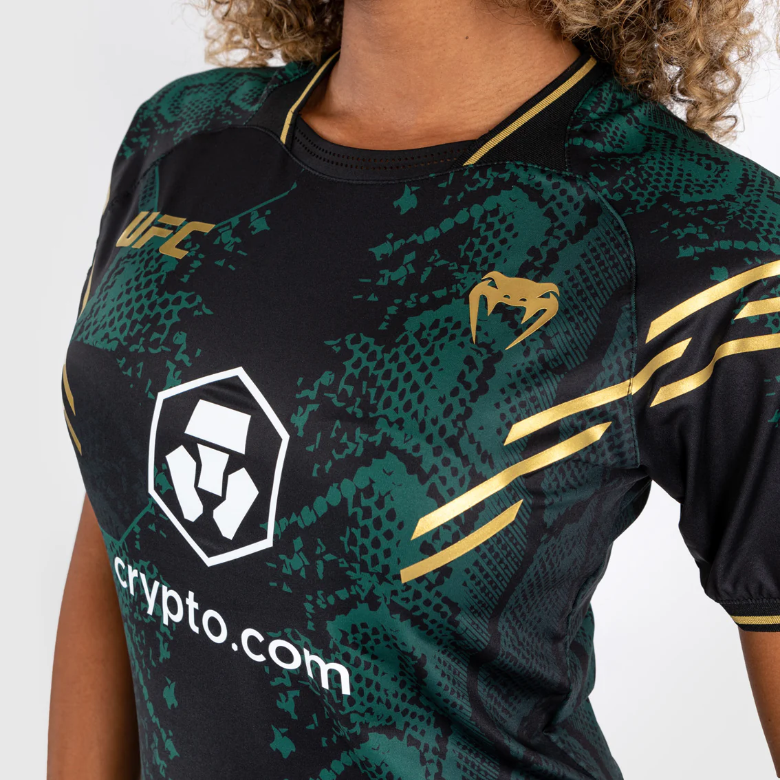 UFC Adrenaline by Venum Personalized Authentic Fight Night Women’s Walkout Jersey Green/Black/Gold - Emerald Edition - Image 4