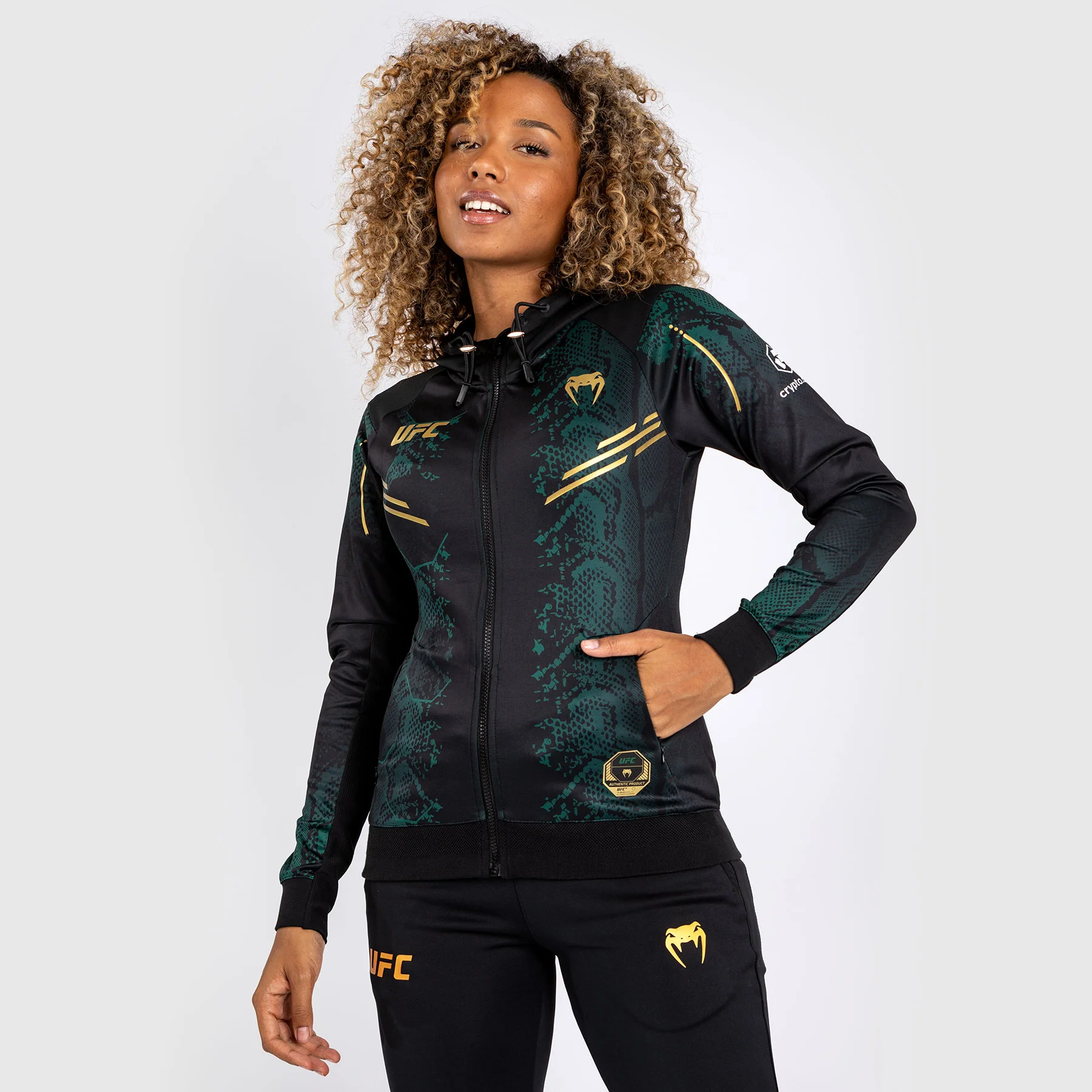 UFC Adrenaline by Venum Authentic Fight Night Women’s Walkout Hoodie - Emerald Edition - Green/Black/Gold