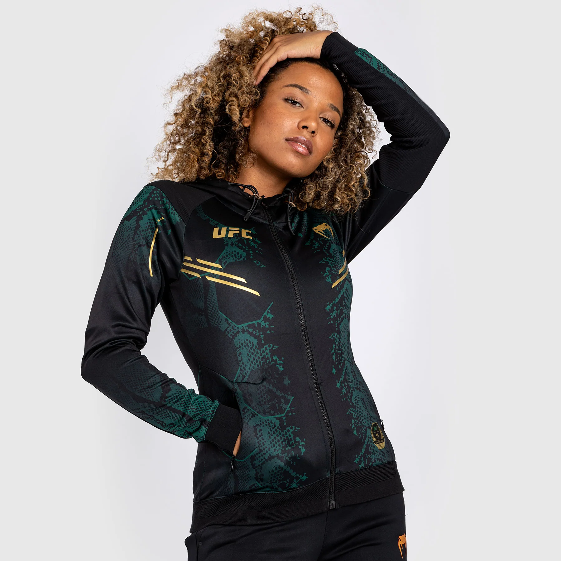 UFC Adrenaline by Venum Authentic Fight Night Women’s Walkout Hoodie - Emerald Edition - Green/Black/Gold - Image 3