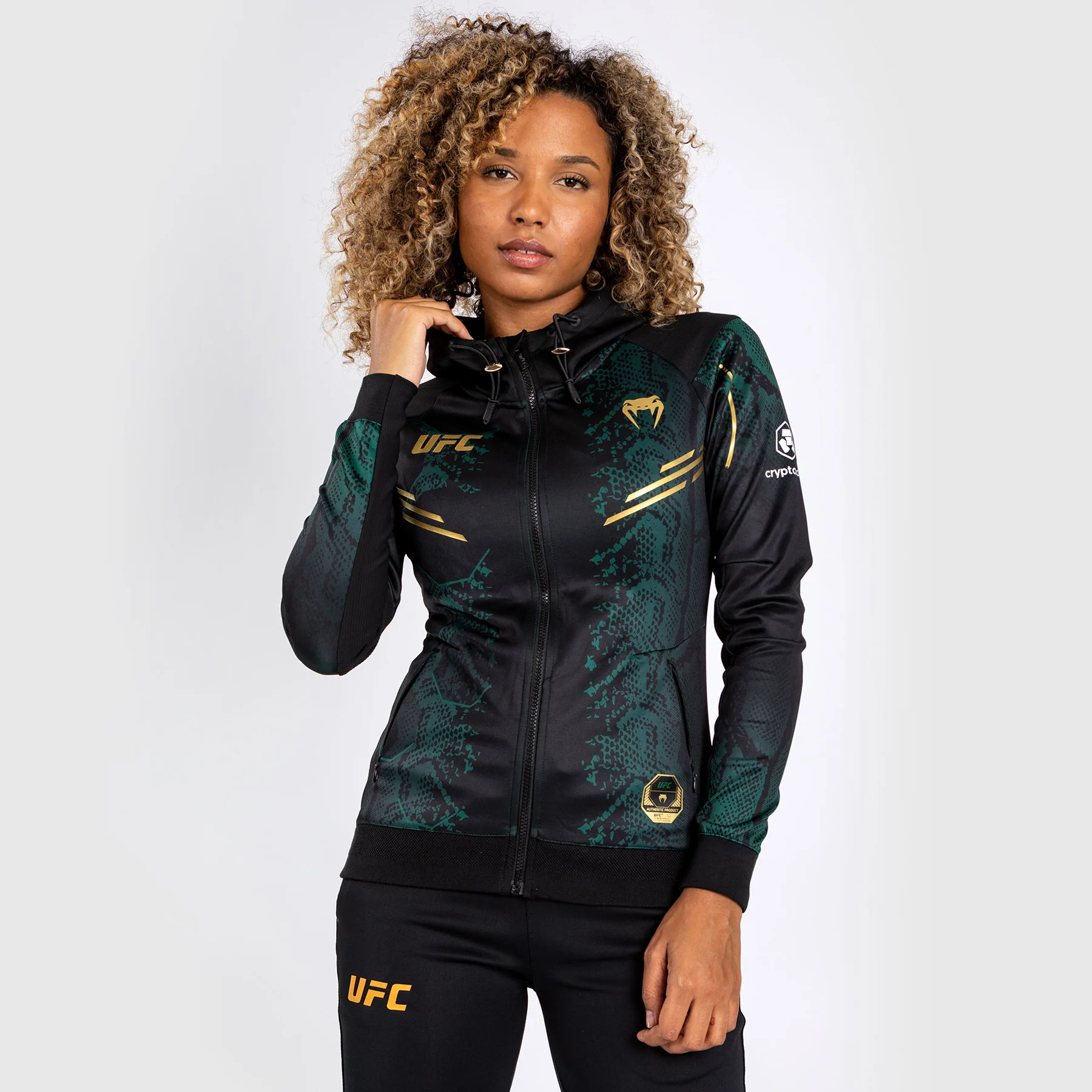 UFC Adrenaline by Venum Authentic Fight Night Women’s Walkout Hoodie - Emerald Edition - Green/Black/Gold - Image 4