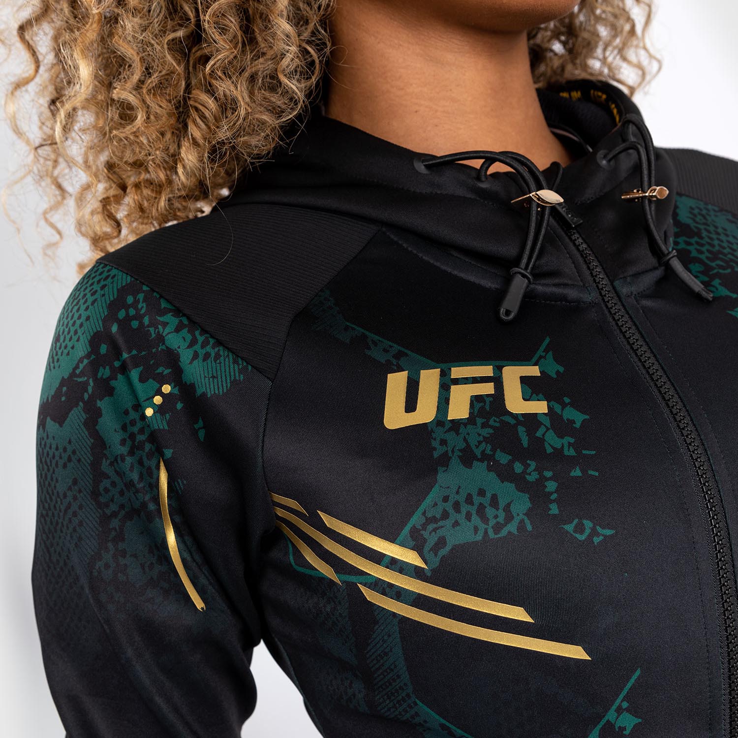 UFC Adrenaline by Venum Authentic Fight Night Women’s Walkout Hoodie - Emerald Edition - Green/Black/Gold - Image 7
