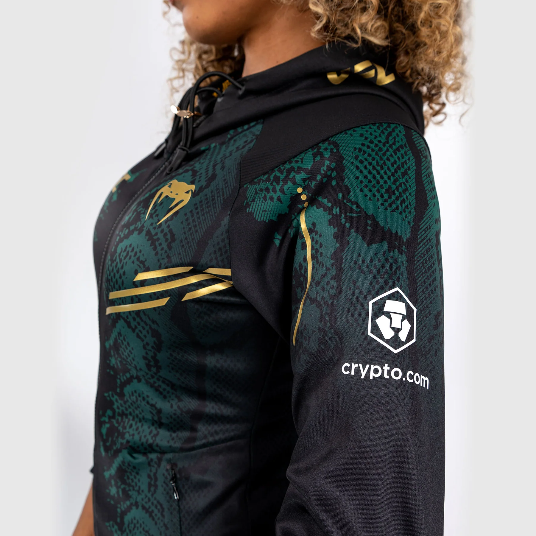 UFC Adrenaline by Venum Authentic Fight Night Women’s Walkout Hoodie - Emerald Edition - Green/Black/Gold - Image 8