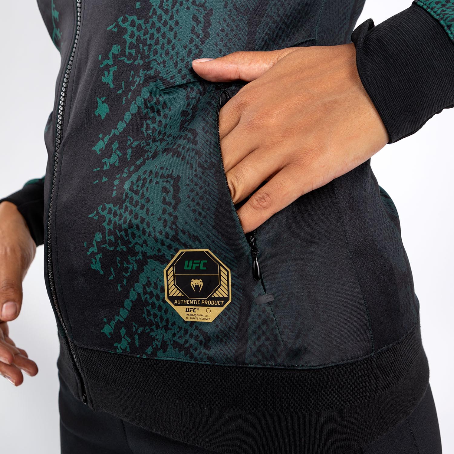 UFC Adrenaline by Venum Authentic Fight Night Women’s Walkout Hoodie - Emerald Edition - Green/Black/Gold - Image 9