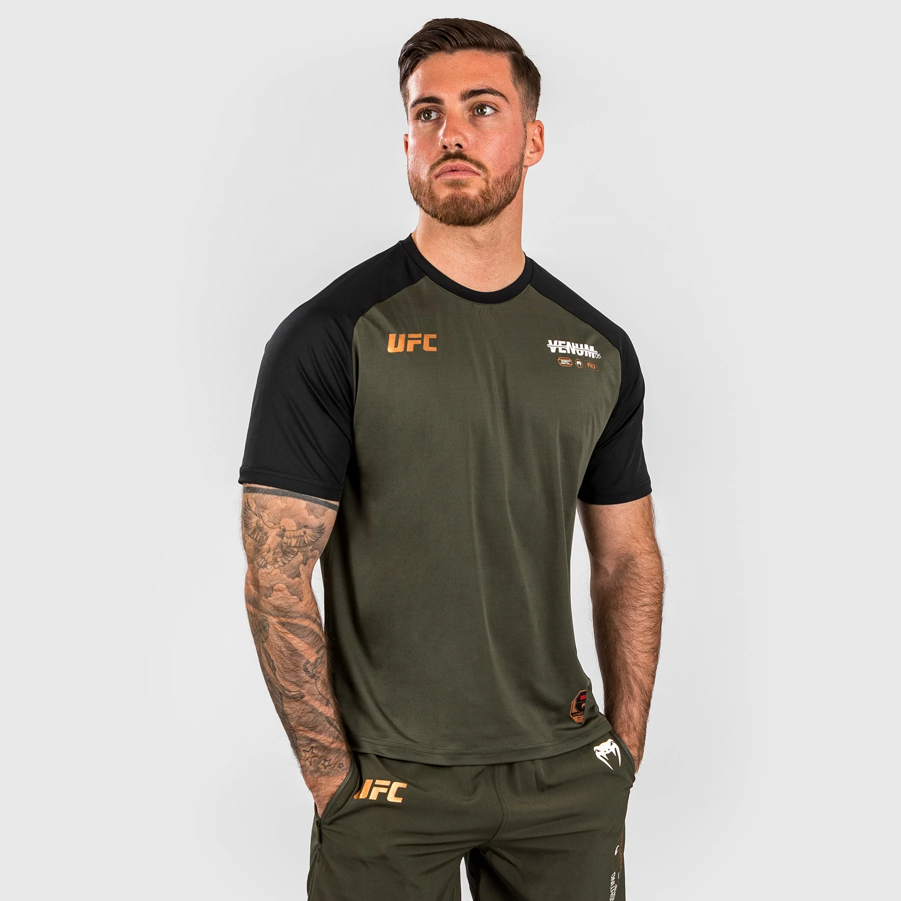 UFC Adrenaline by Venum Fight Week Men’s Dry-tech T-shirt - Khaki/Bronze - Image 3