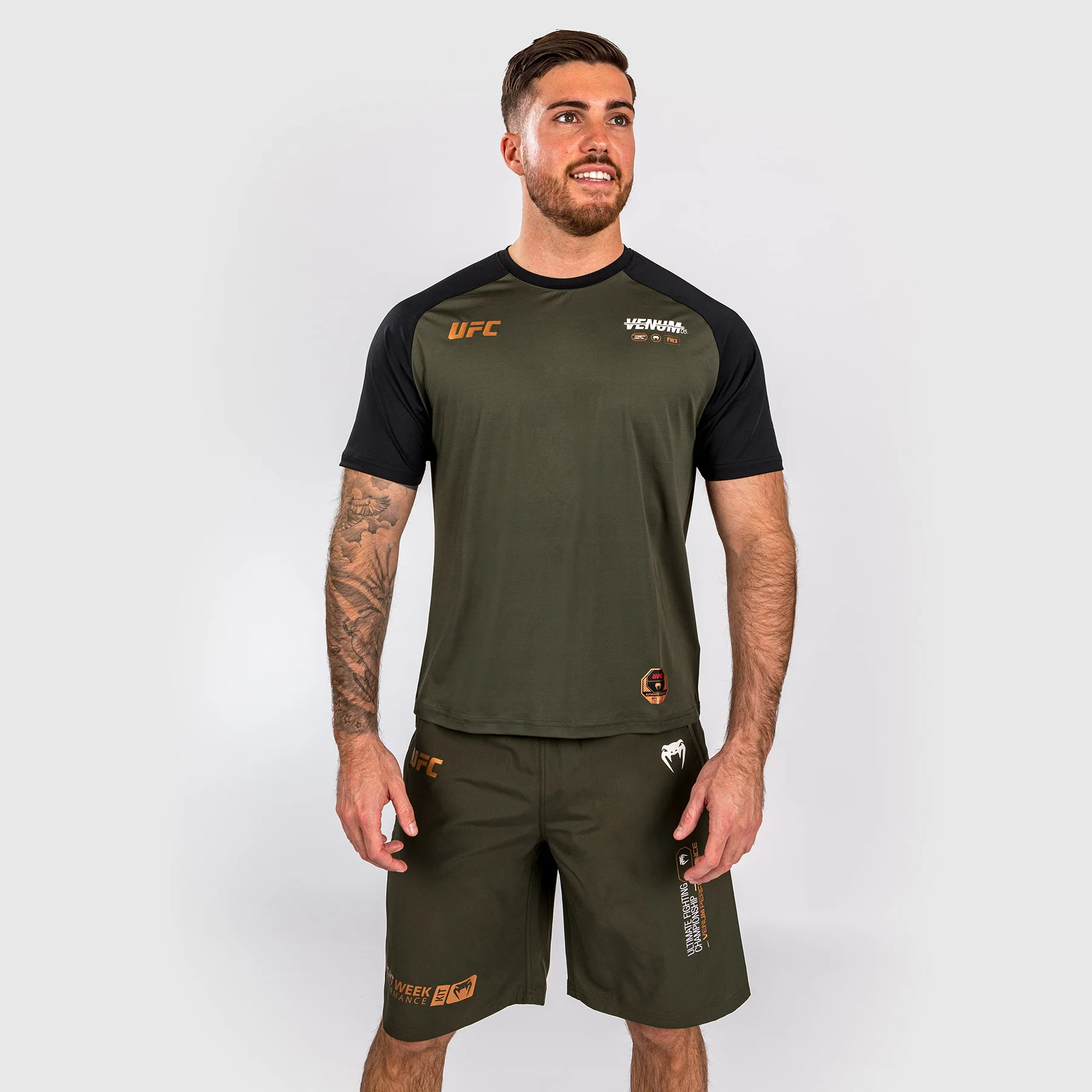 UFC Adrenaline by Venum Fight Week Men’s Dry-tech T-shirt - Khaki/Bronze - Image 4