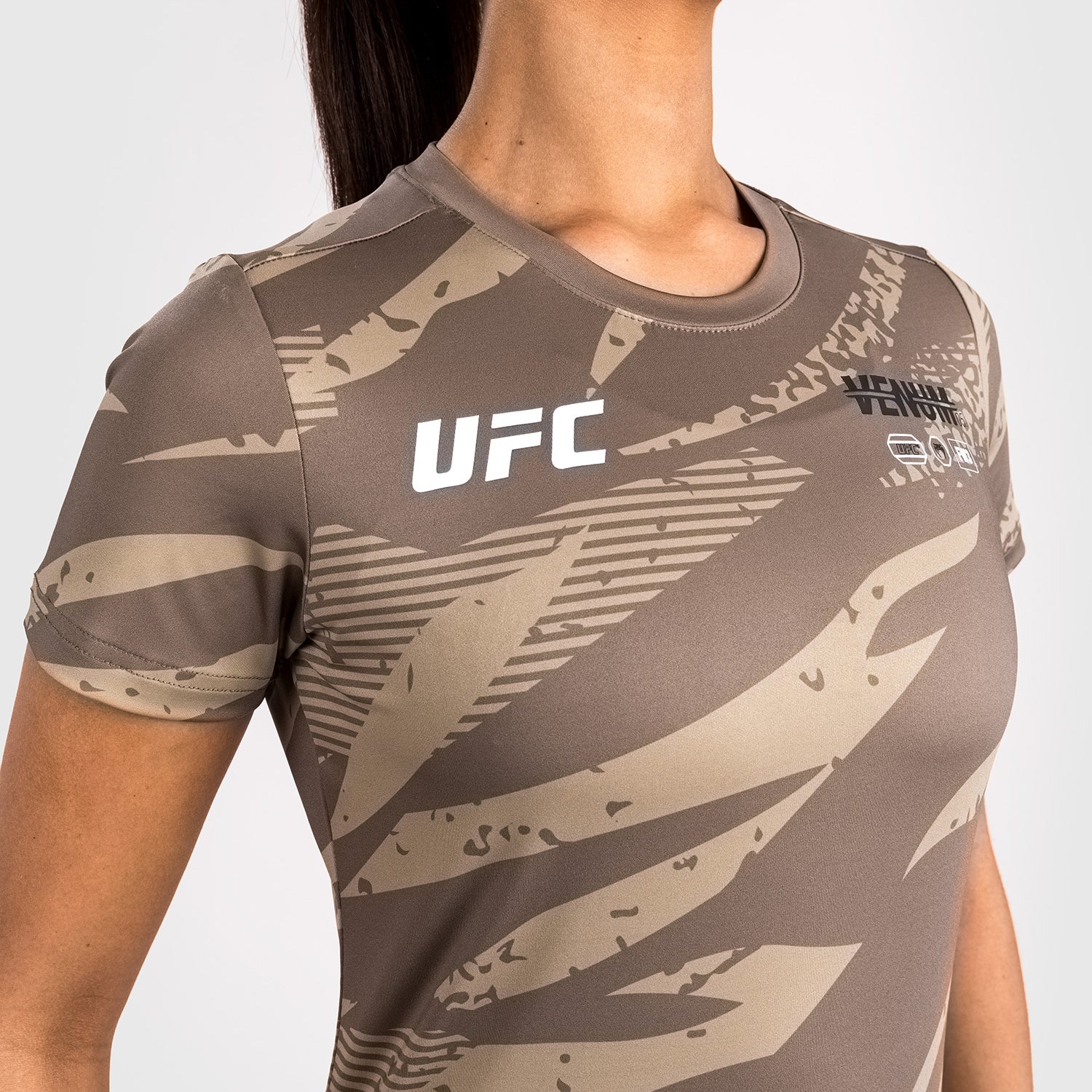 UFC Adrenaline by Venum Fight Week Women’s Dry-Tech T-shirt - Desert Camo - Image 4