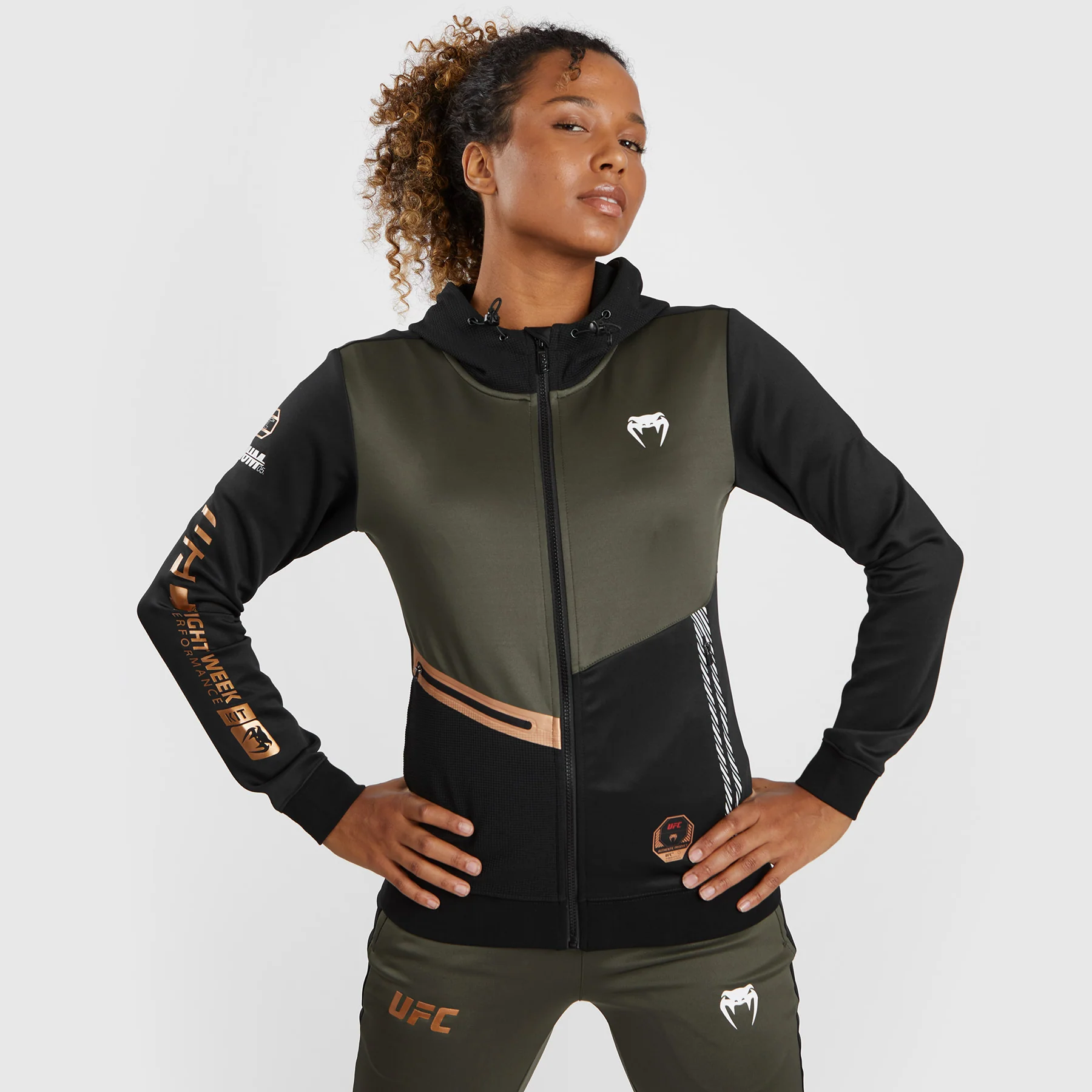 UFC Adrenaline by Venum Fight Week Women’s Zip Hoodie - Khaki/Bronze