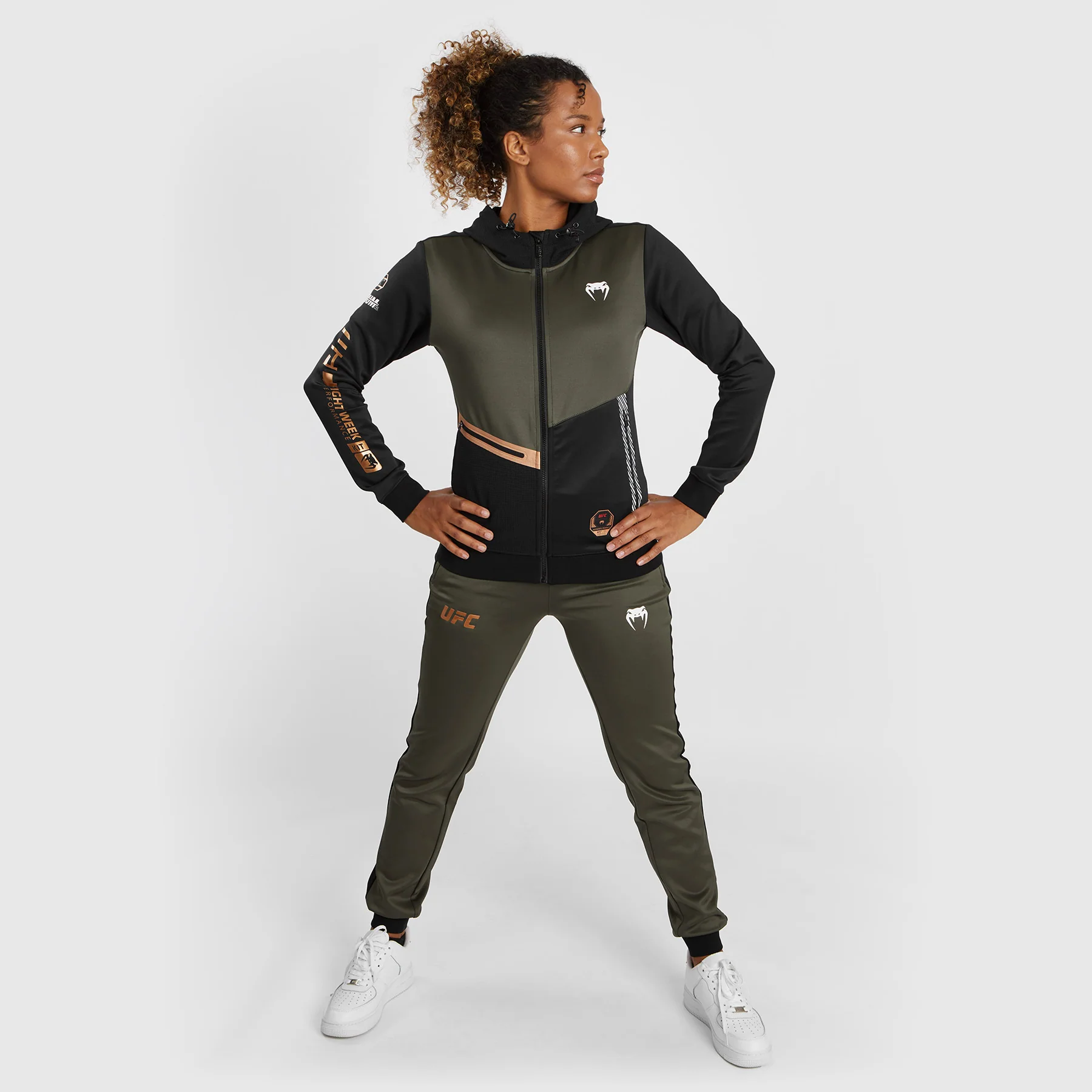 UFC Adrenaline by Venum Fight Week Women’s Zip Hoodie - Khaki/Bronze - Image 10