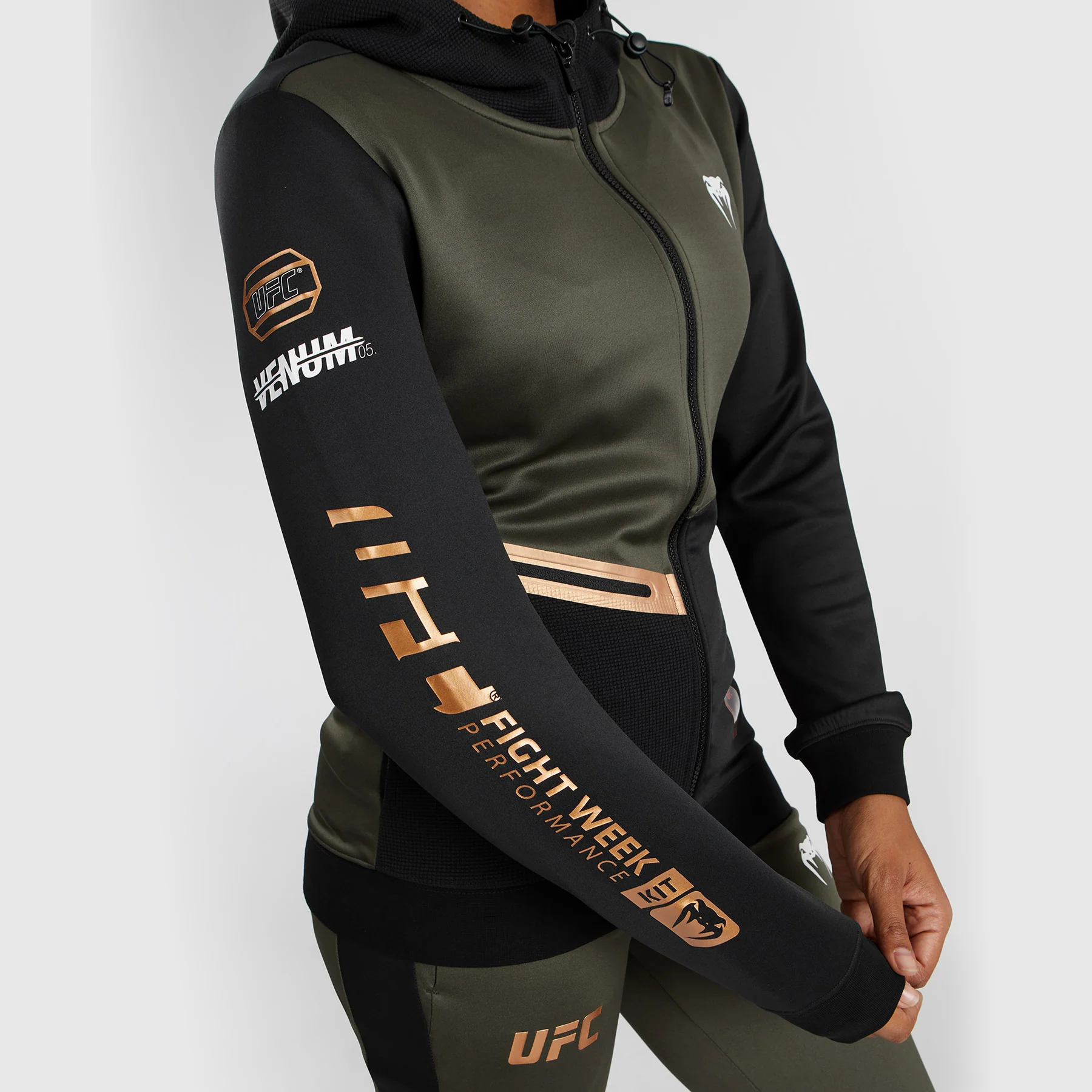 UFC Adrenaline by Venum Fight Week Women’s Zip Hoodie - Khaki/Bronze - Image 5