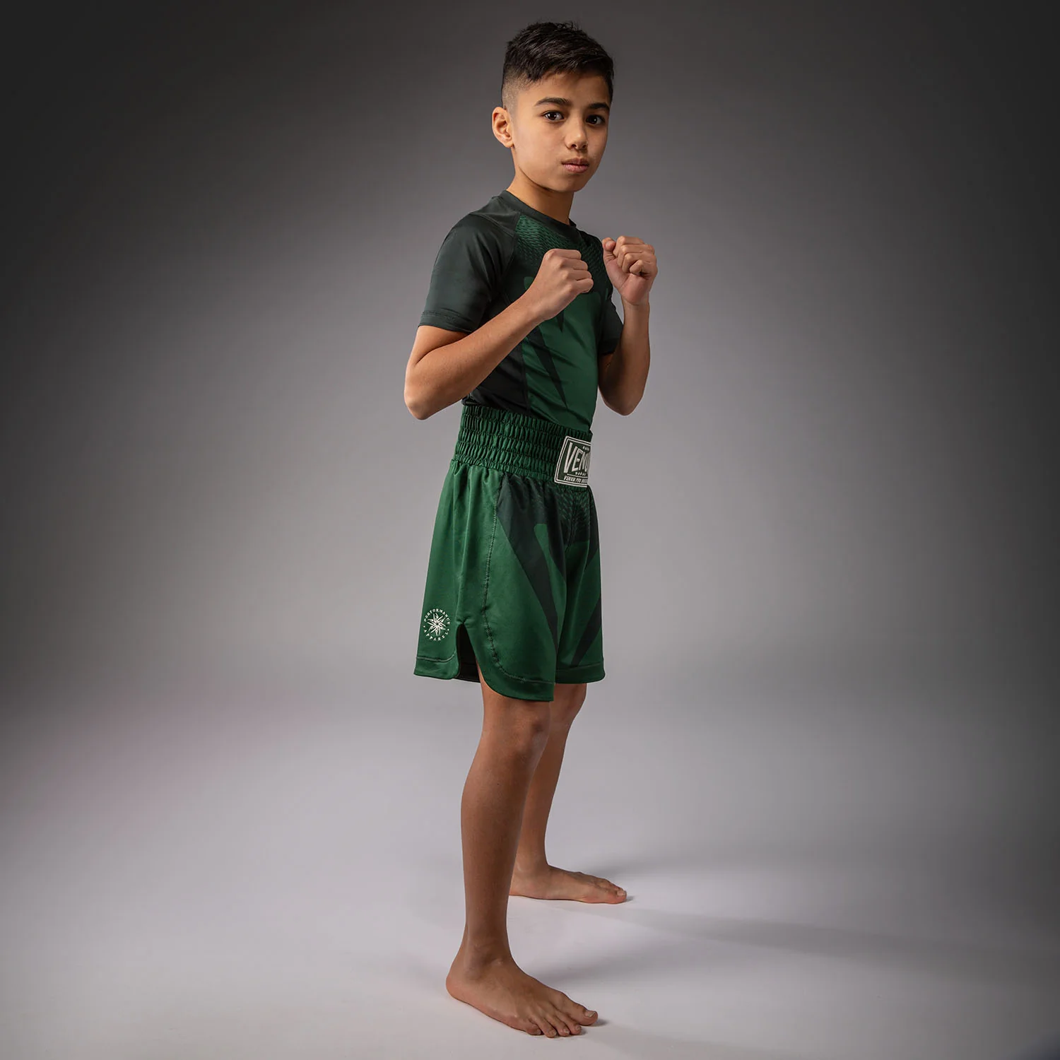 Venum Attack Kids Boxing Shorts - Forest Green/ Off White - Image 7