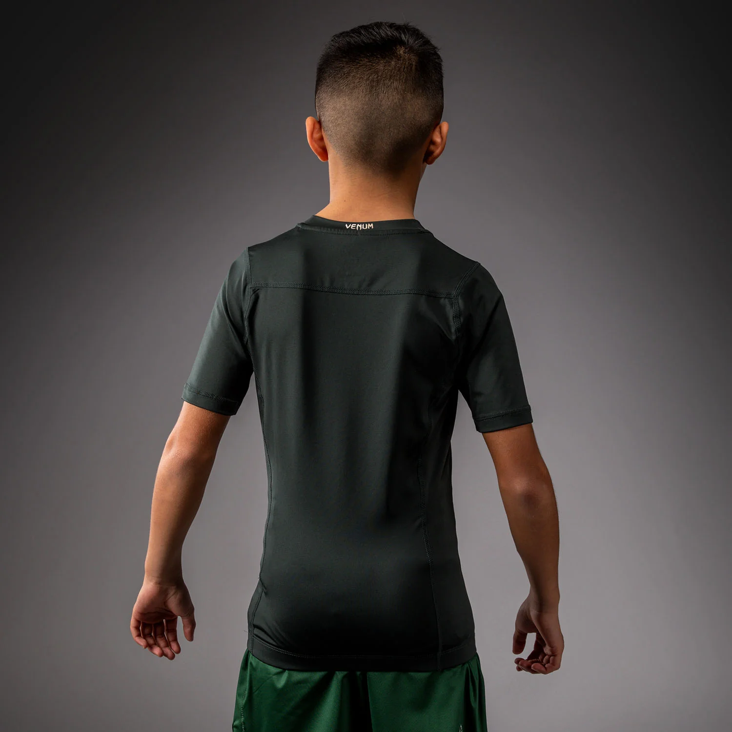 Venum Attack Kids Short Sleeve Rashguard - Forest Green/ Off White - Image 3