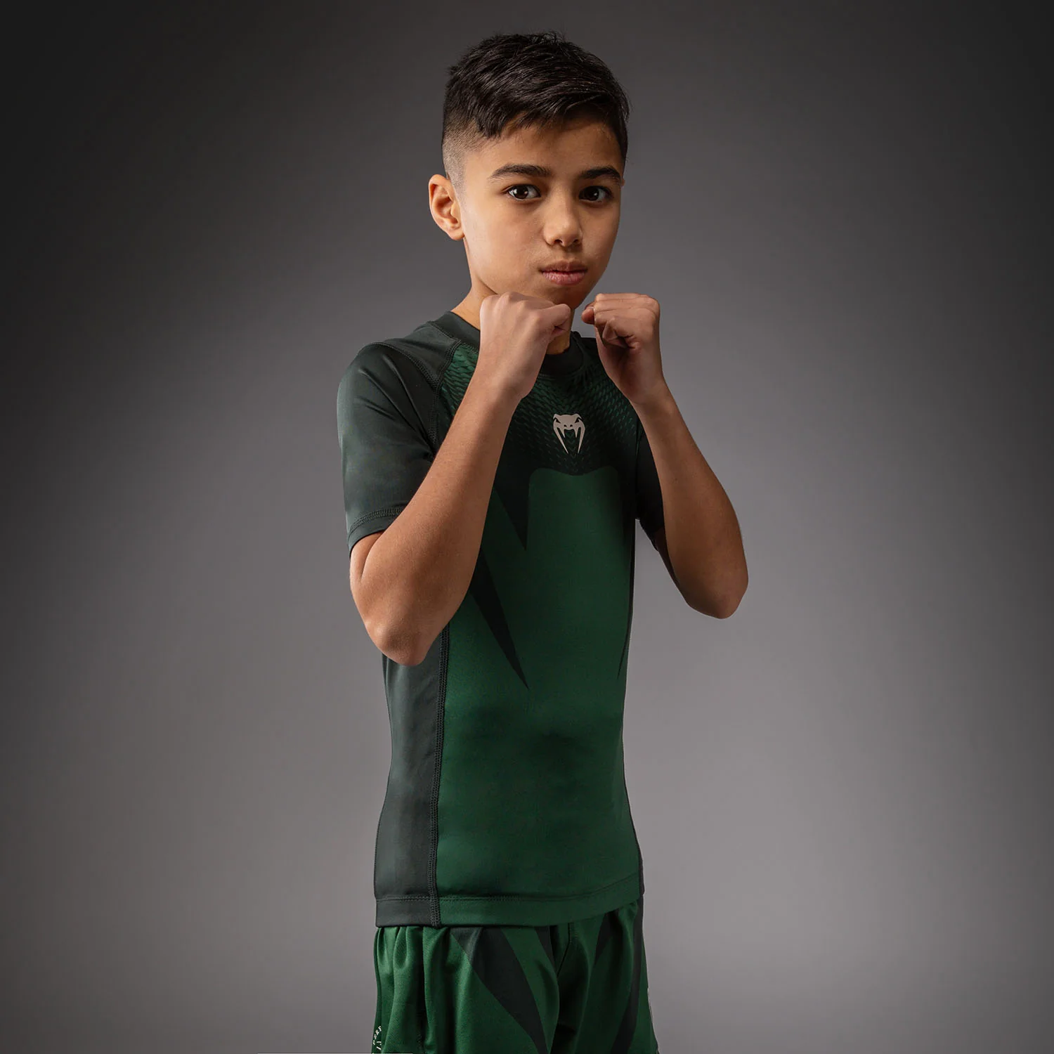 Venum Attack Kids Short Sleeve Rashguard - Forest Green/ Off White - Image 5