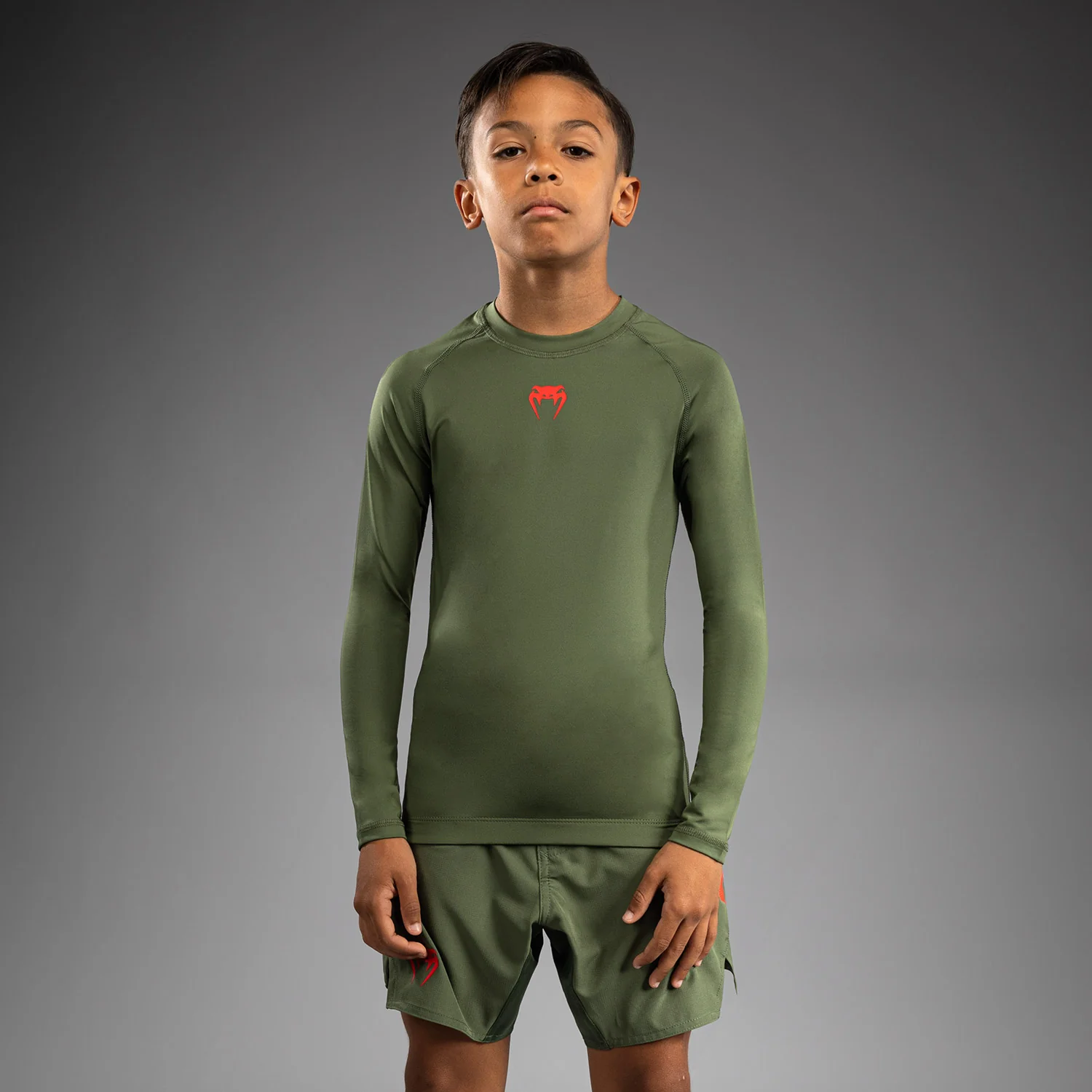 Venum Contender Kids Rashguards Long Sleeves - Army Green/Orange