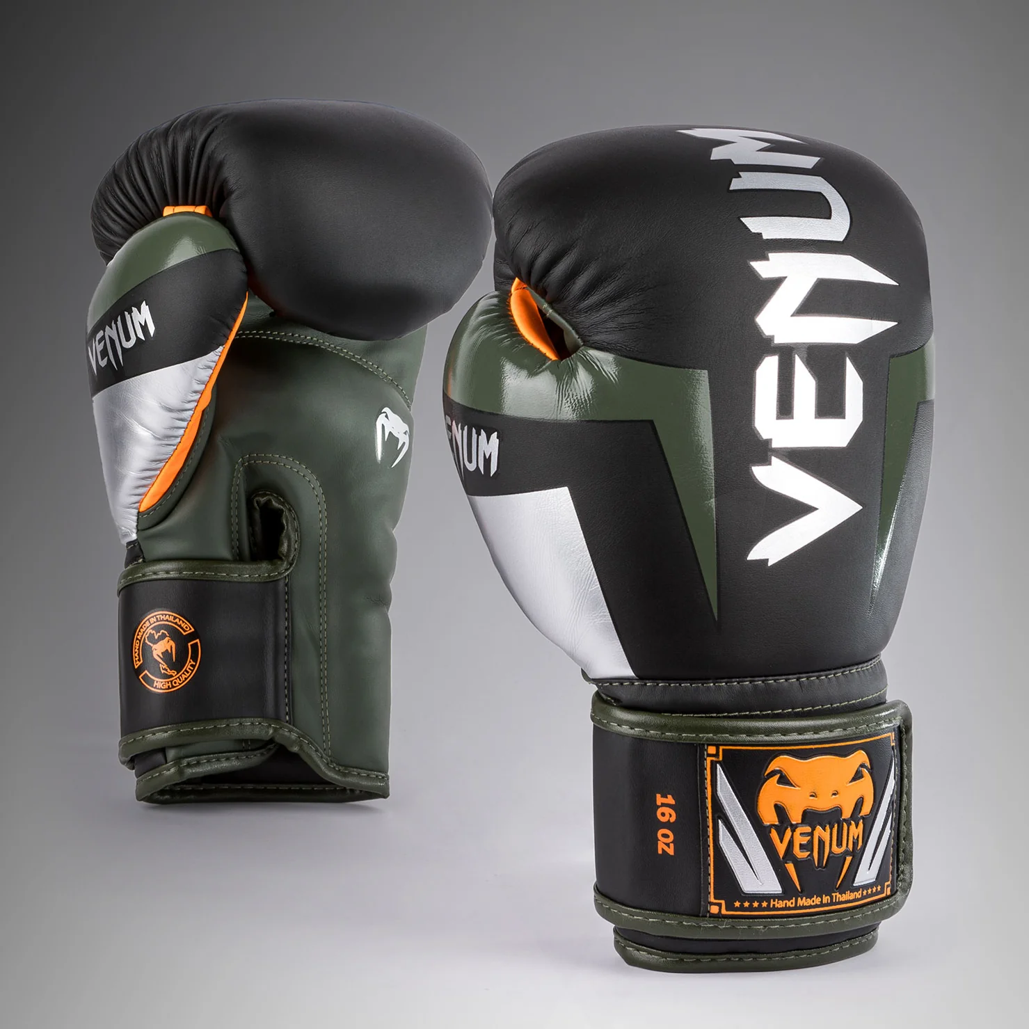 Venum Elite Boxing Gloves - Black/Silver/Kaki - Image 2