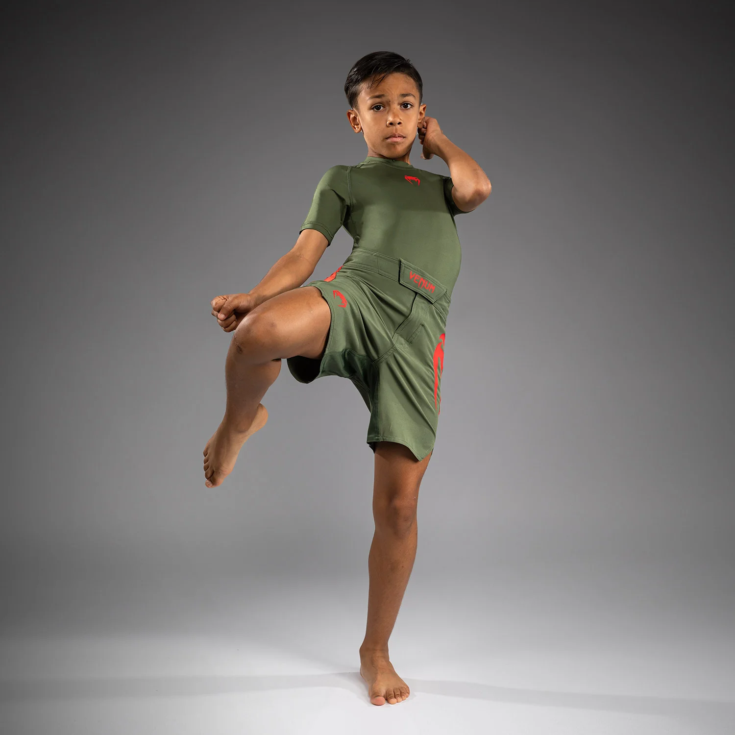 Venum Light Kids Fightshorts - Army Green/Orange - Image 5