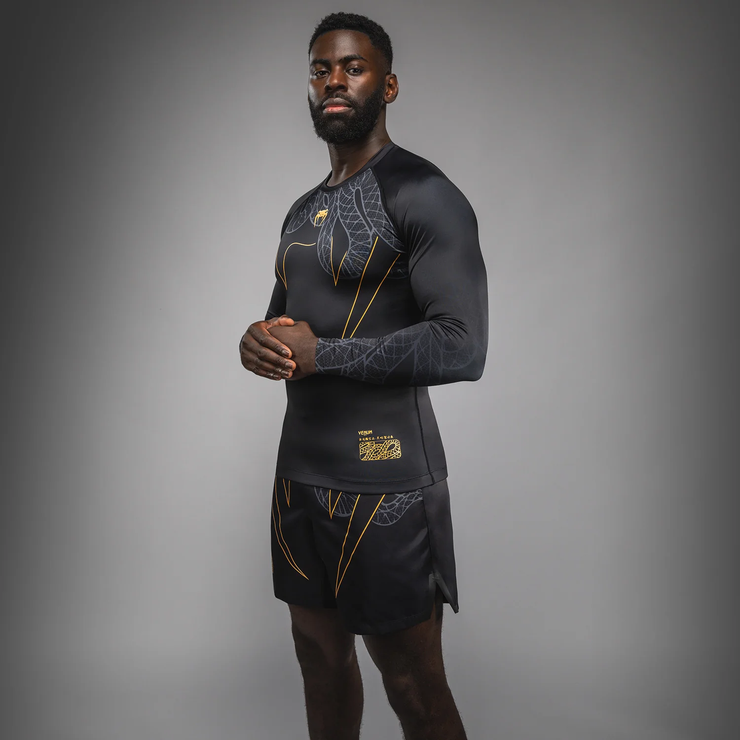 Venum Serpenti Long Sleeve Rashguard - Black/Silver/Gold - Image 3