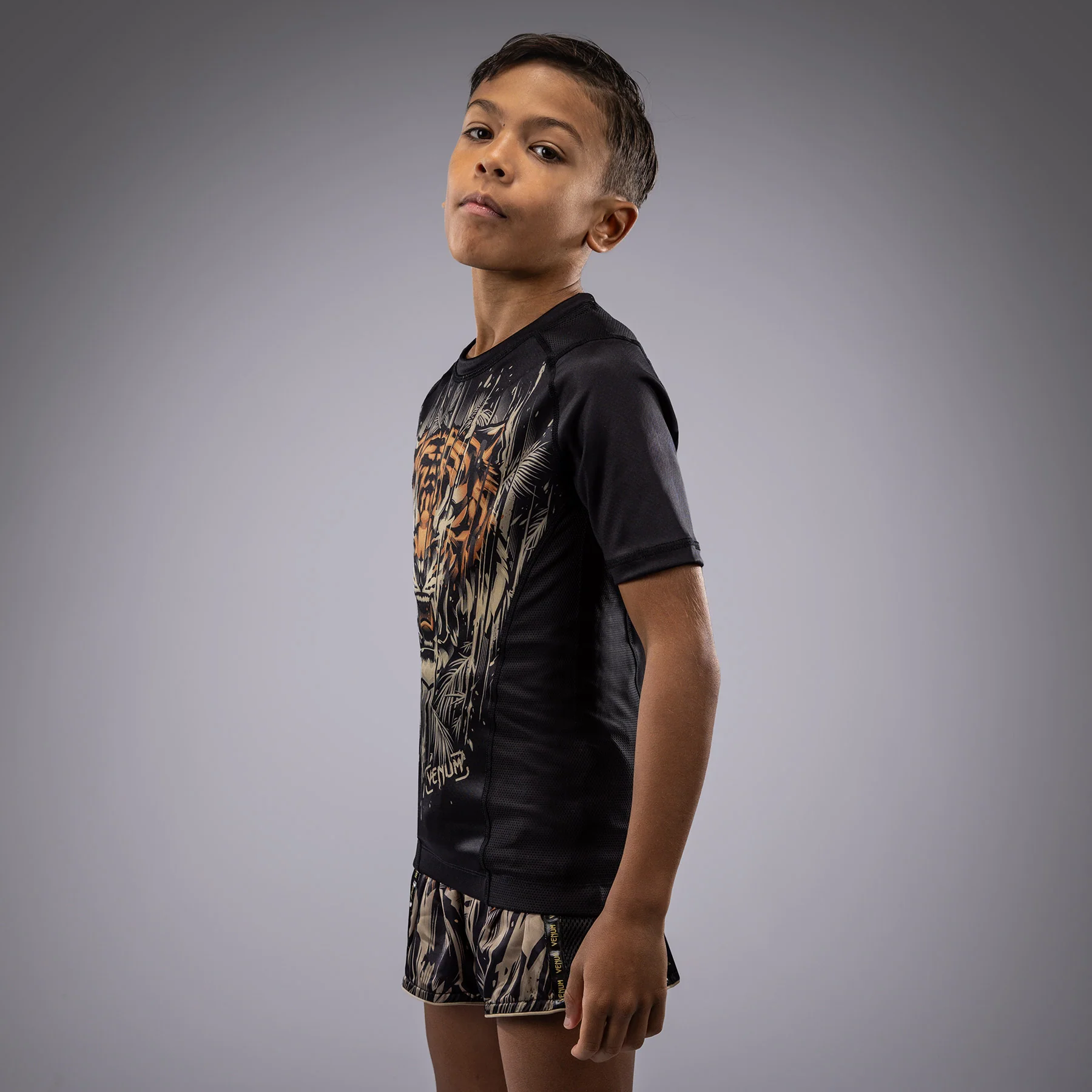 Venum Tiger Kids Short Sleeve Rashguard - Black/Neon Orange - Image 5