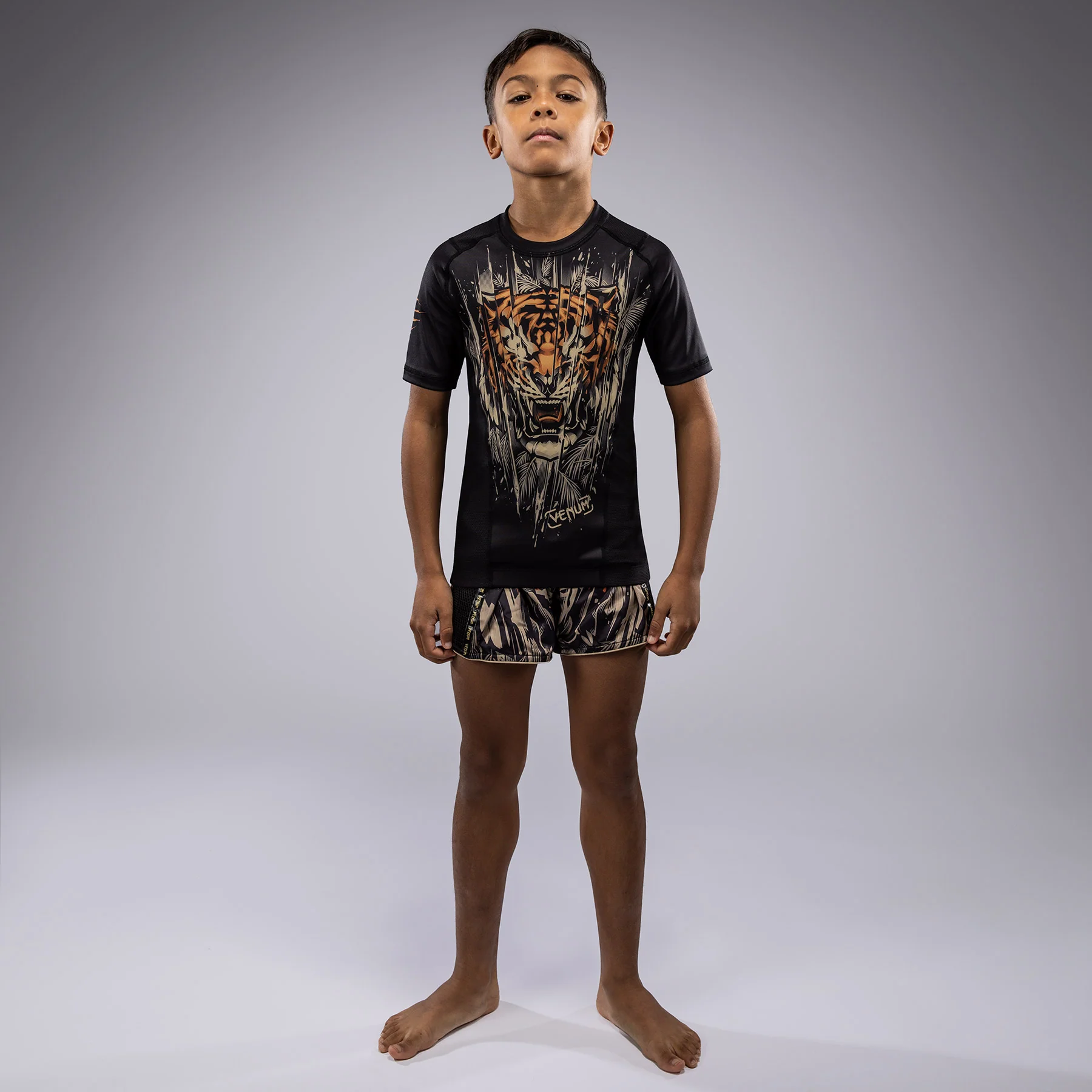 Venum Tiger Kids Short Sleeve Rashguard - Black/Neon Orange - Image 6