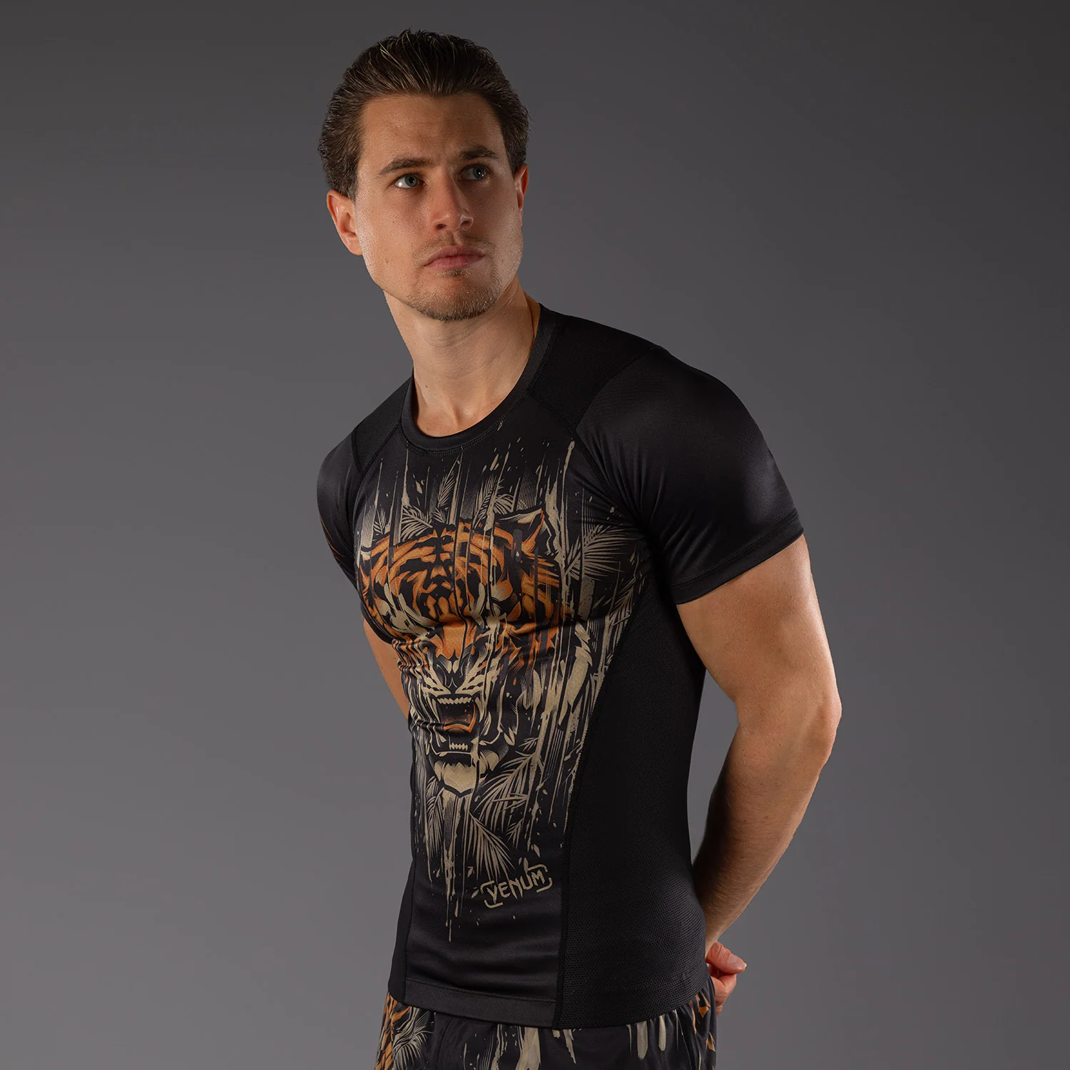 Venum Tiger Men's Short Sleeve Rashguard - Black/Neon Orange