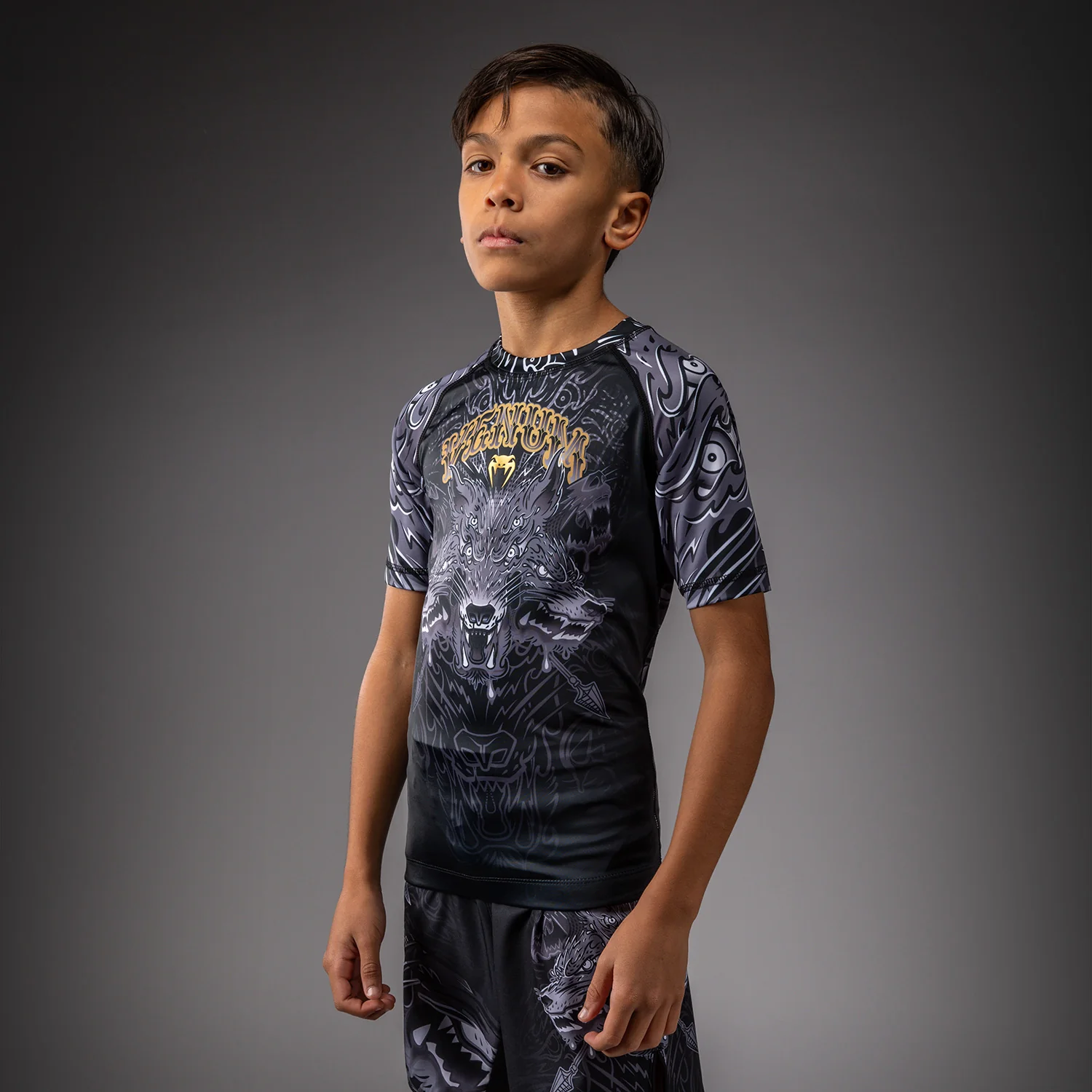 Venum Wolf Atak Kids Short Sleeve Rashguard - Black/Grey - Image 2