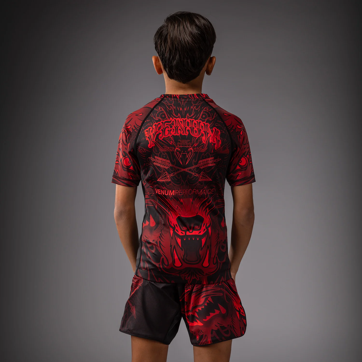 Venum Wolf Atak Kids Short Sleeve Rashguard - Black/Red - Image 3