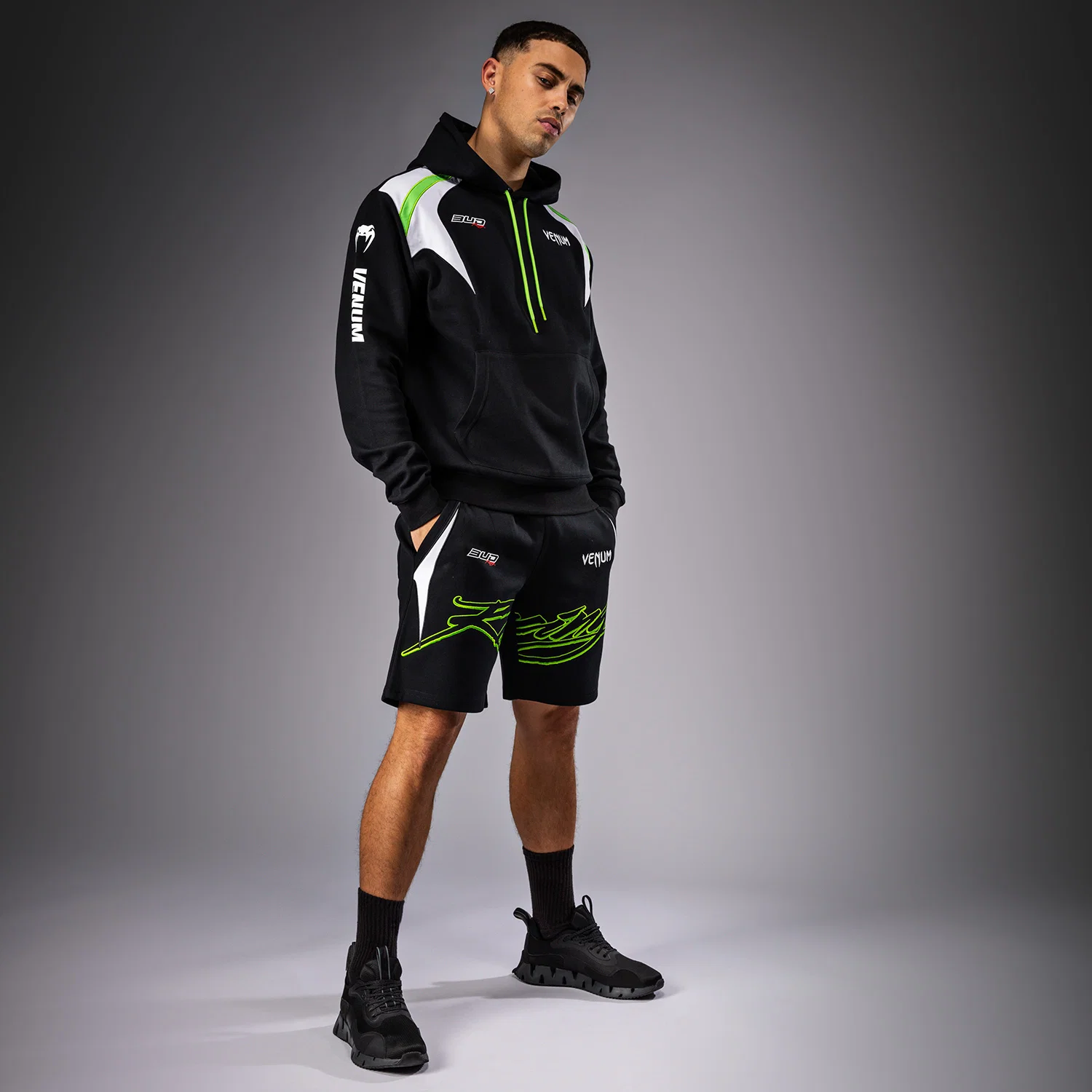 Venum x Bud Racing Men’s Cotton Shorts - Black/White/Lime Green - Image 5