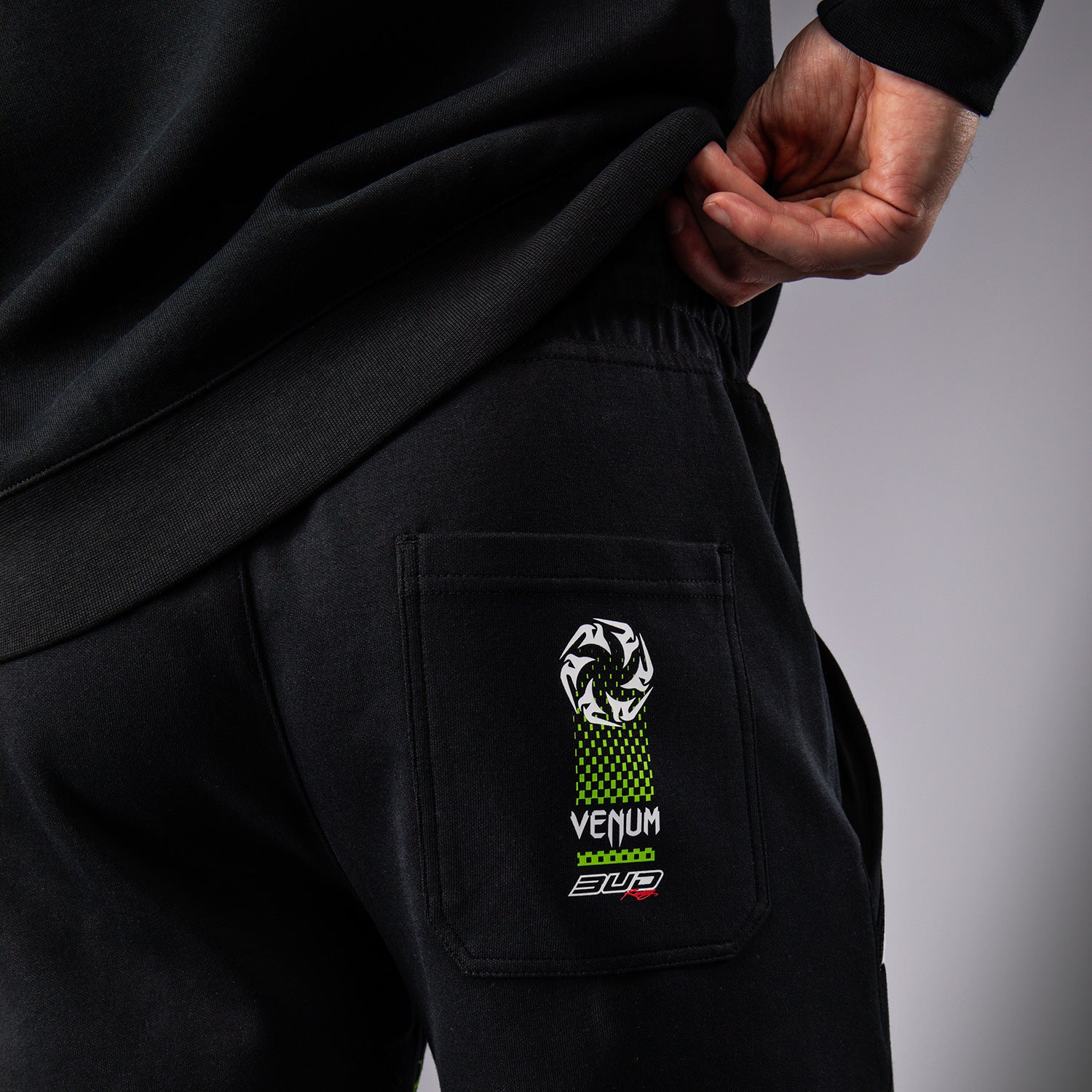 Venum x Bud Racing Men’s Cotton Shorts - Black/White/Lime Green - Image 8