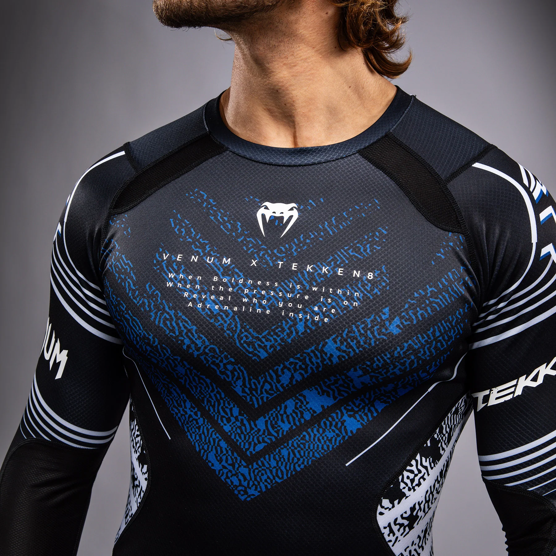 Venum x TEKKEN 8 - Jin Kazama Rashguard - Blue/Black/White - Image 6